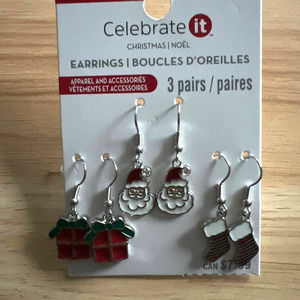 3-Pair Christmas Noel Dangle Earrings | Giftbox, Santa, Stocking